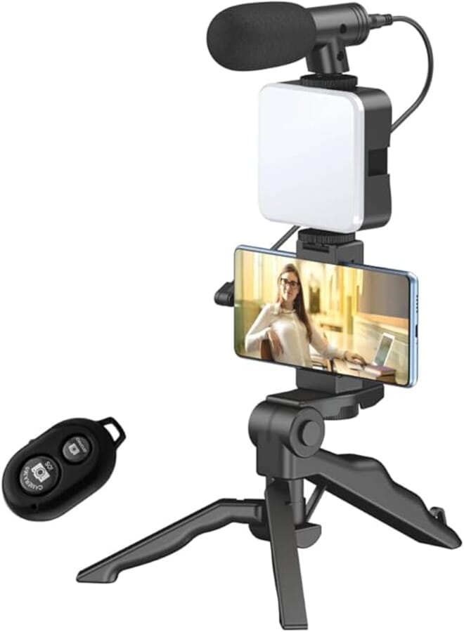 Tygot Vlogging Kit 6 in 1 for iPhone, Android (with Tripod), Mini LED + Cardioid Microphone + Phone Clip + Tripod for Live Broadcasting, Video Calling, Vlogging, YouTube, Instagram (T-6.1)